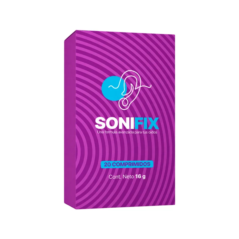 Sonifix — frasco de cápsulas visto de frente, etiqueta con el oído